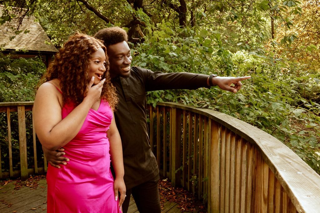 Couple enjoying nature in vibrant attire.
